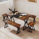 5-Piece Dining Room Set Industrial Rectangular Kitchen Table with 2 Benches and 2 Stools-Rustic Brown