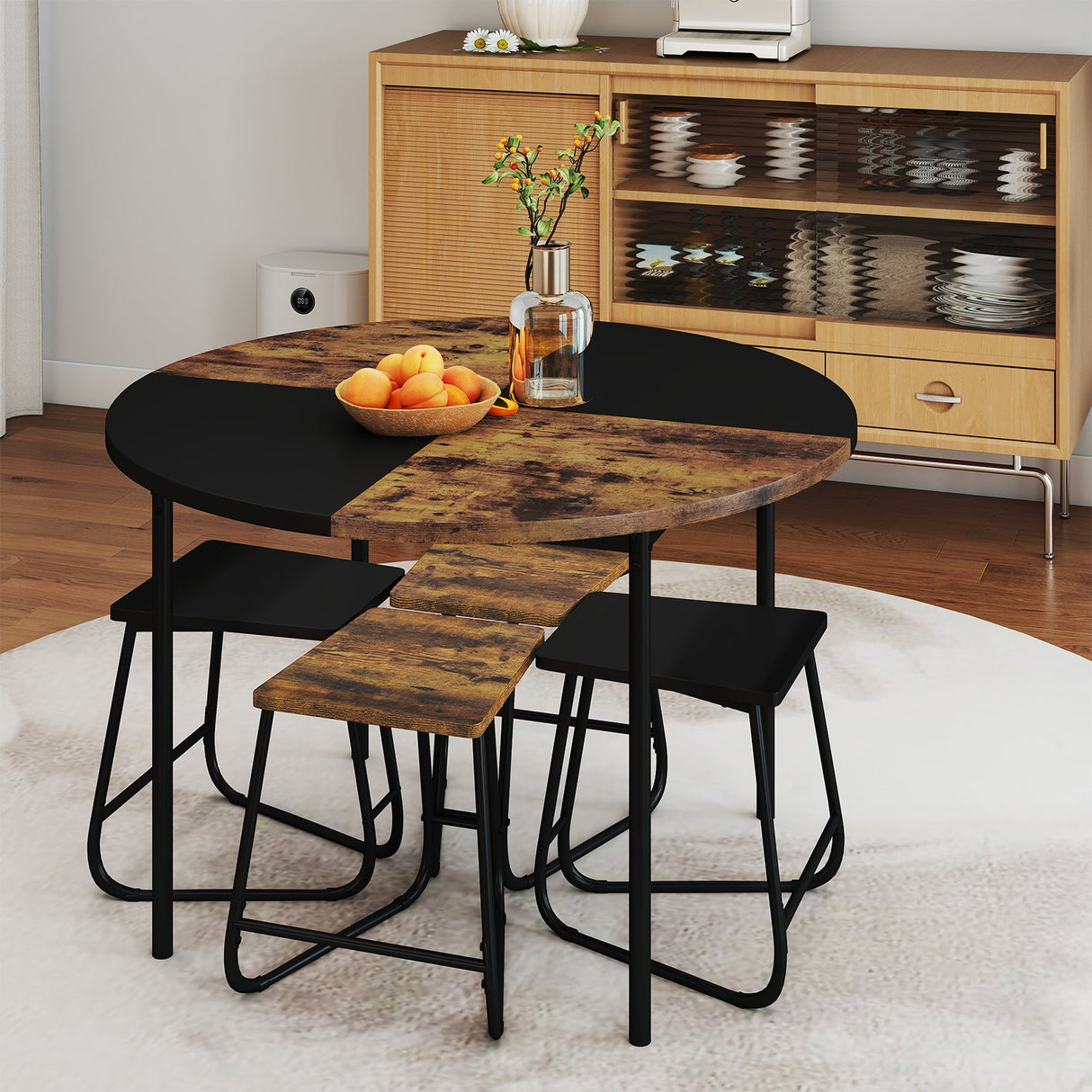 Juego de comedor de 5 piezas para 4 personas, mesa de cocina redonda de 47 pulgadas y 4 taburetes - Marrón