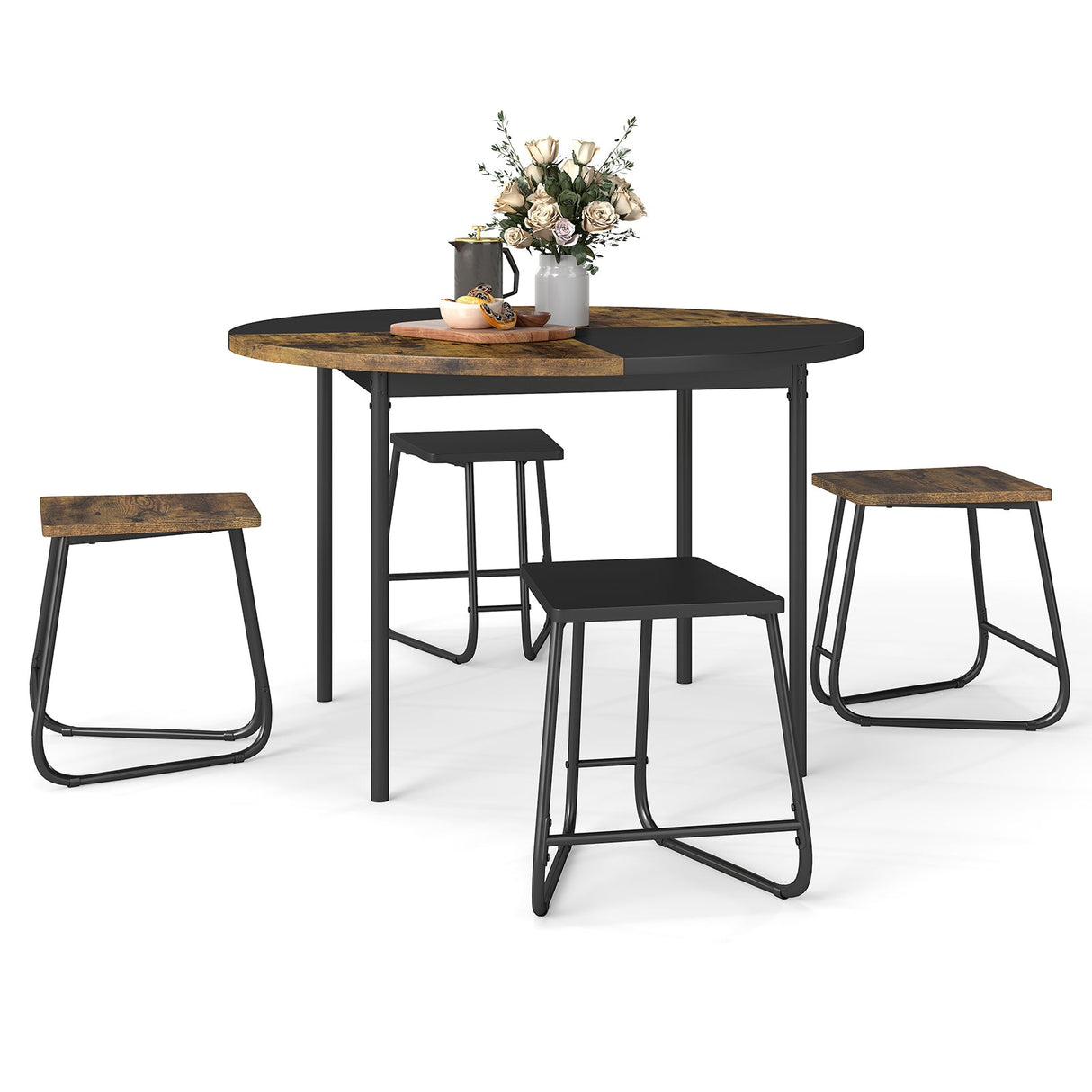 Juego de comedor de 5 piezas para 4 personas, mesa de cocina redonda de 47 pulgadas y 4 taburetes - Marrón