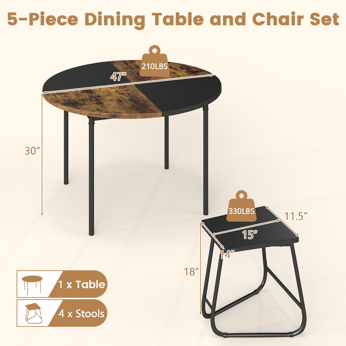 Juego de comedor de 5 piezas para 4 personas, mesa de cocina redonda de 47 pulgadas y 4 taburetes - Marrón