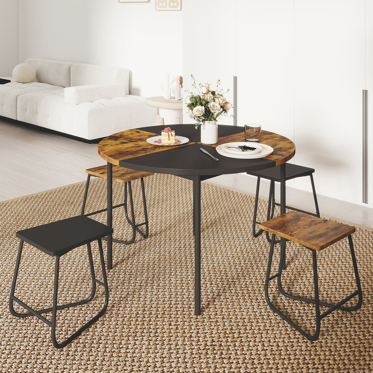 Juego de comedor de 5 piezas para 4 personas, mesa de cocina redonda de 47 pulgadas y 4 taburetes - Marrón