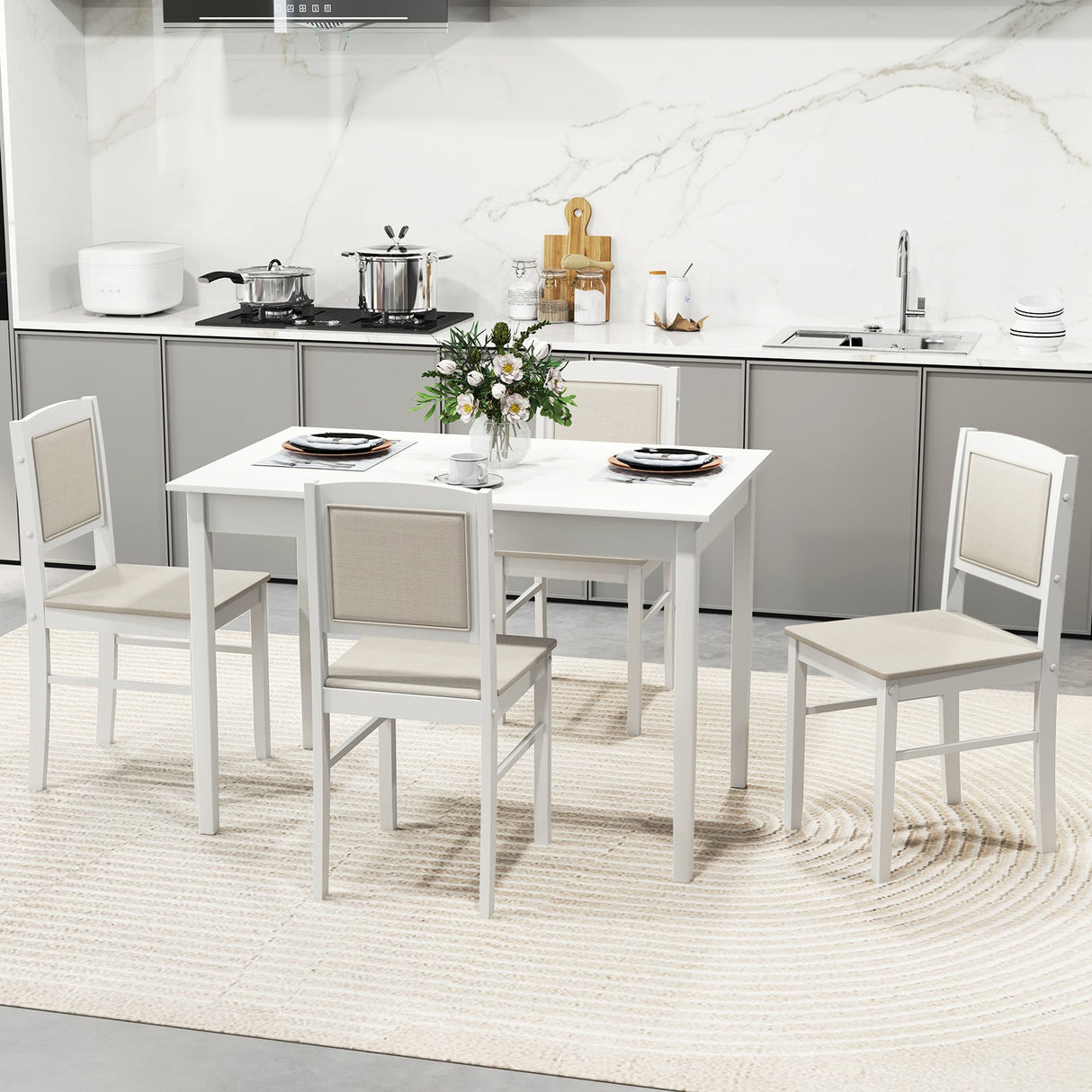 Juego de comedor de 5 piezas para 4 personas con patas de madera de caucho para comedor pequeño