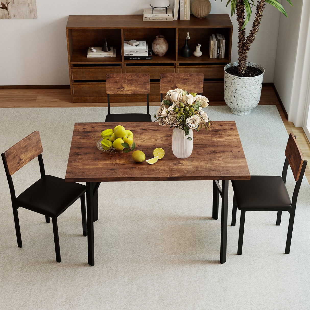 Juego de comedor de 5 piezas para 4 personas, mesa de cocina industrial y 4 sillas de cuero PU-marrón