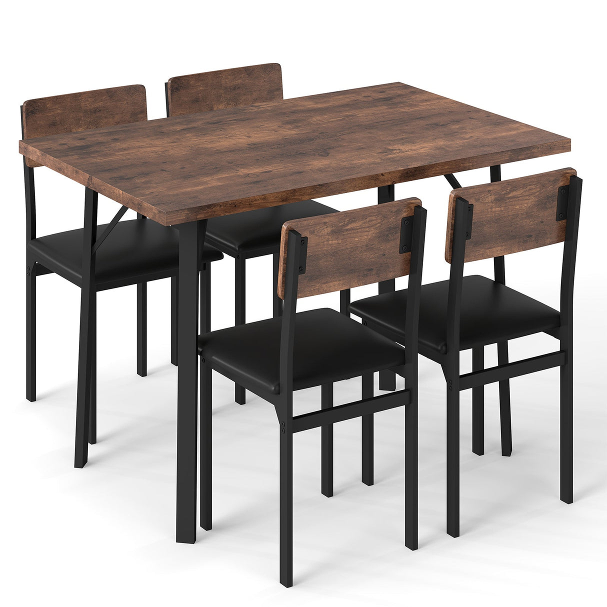 Juego de comedor de 5 piezas para 4 personas, mesa de cocina industrial y 4 sillas de cuero PU-marrón
