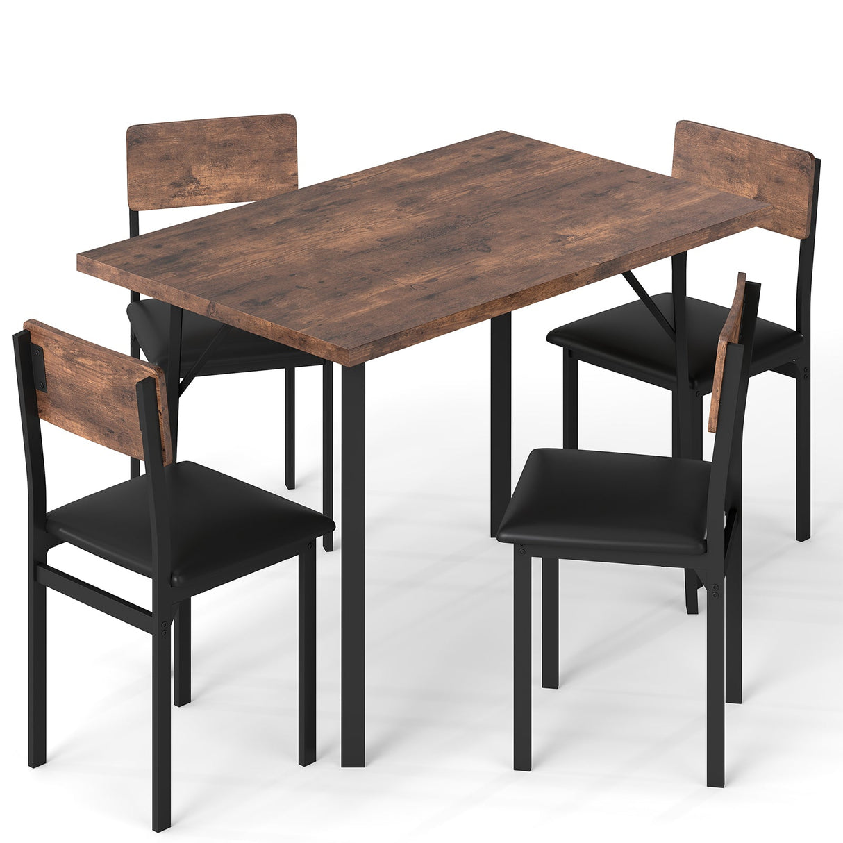 Juego de comedor de 5 piezas para 4 personas, mesa de cocina industrial y 4 sillas de cuero PU-marrón