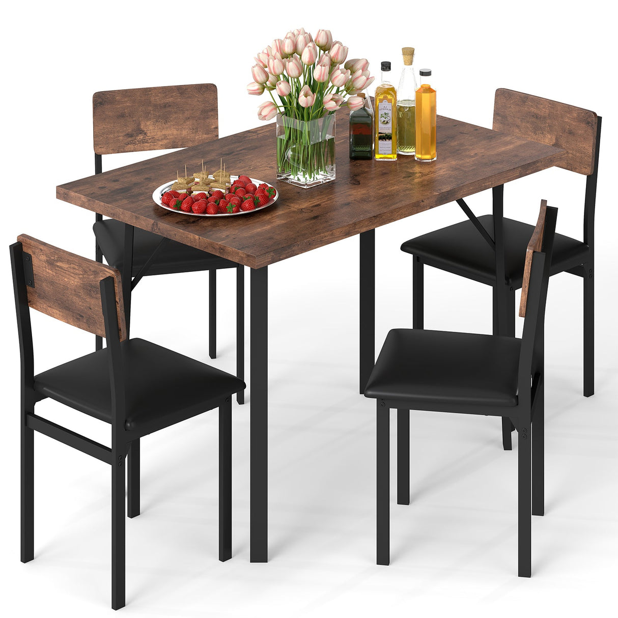 Juego de comedor de 5 piezas para 4 personas, mesa de cocina industrial y 4 sillas de cuero PU-marrón
