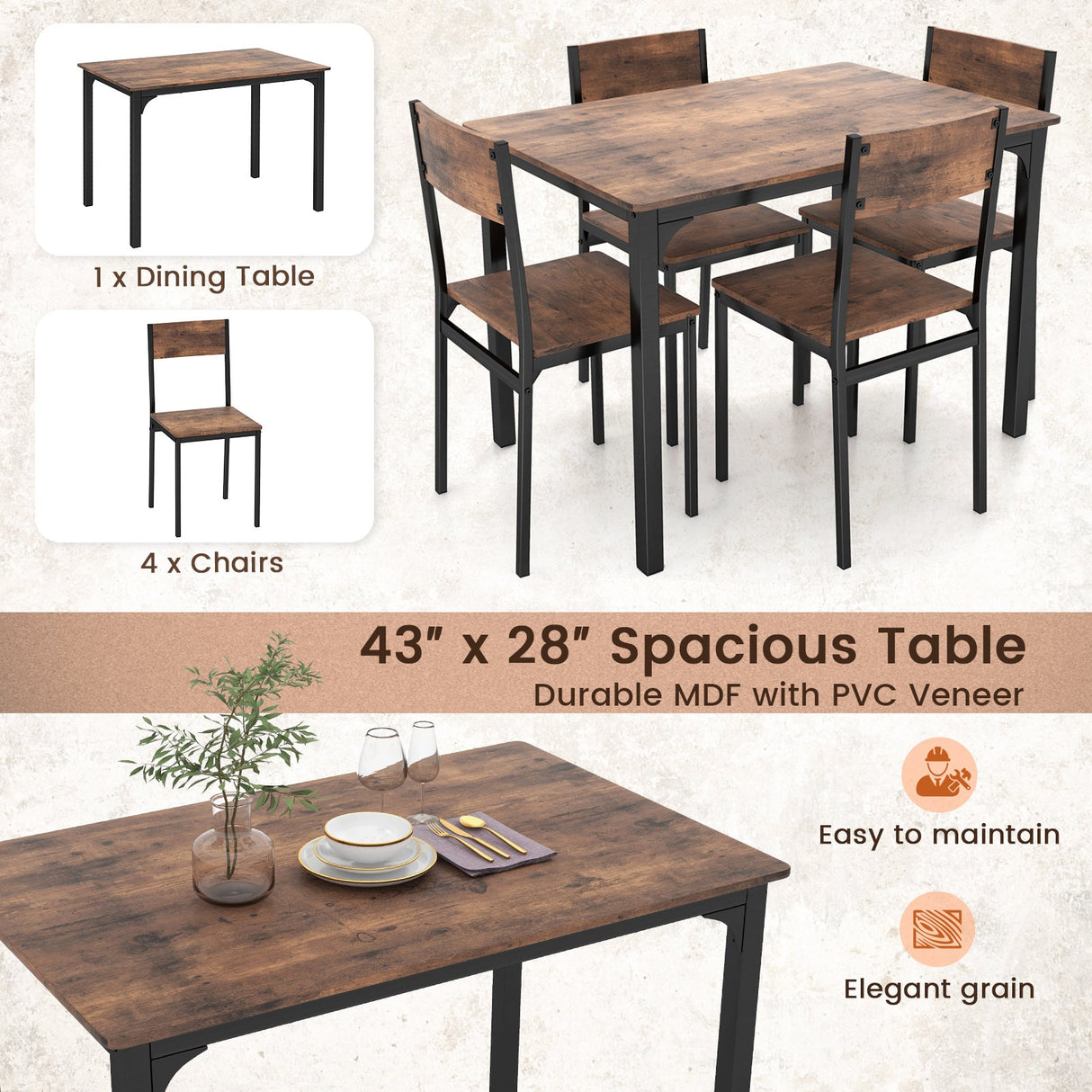 Juego de mesa de comedor de 5 piezas, mesa y sillas de cocina estilo industrial para 4 personas