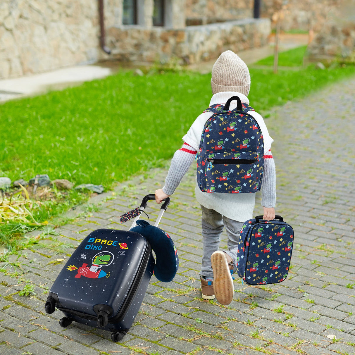 Juego de equipaje de 5 piezas para niños con mochila, almohada para el cuello, etiqueta de identificación y fiambrera