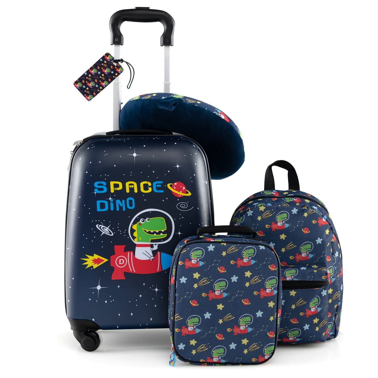 Juego de equipaje de 5 piezas para niños con mochila, almohada para el cuello, etiqueta de identificación y fiambrera