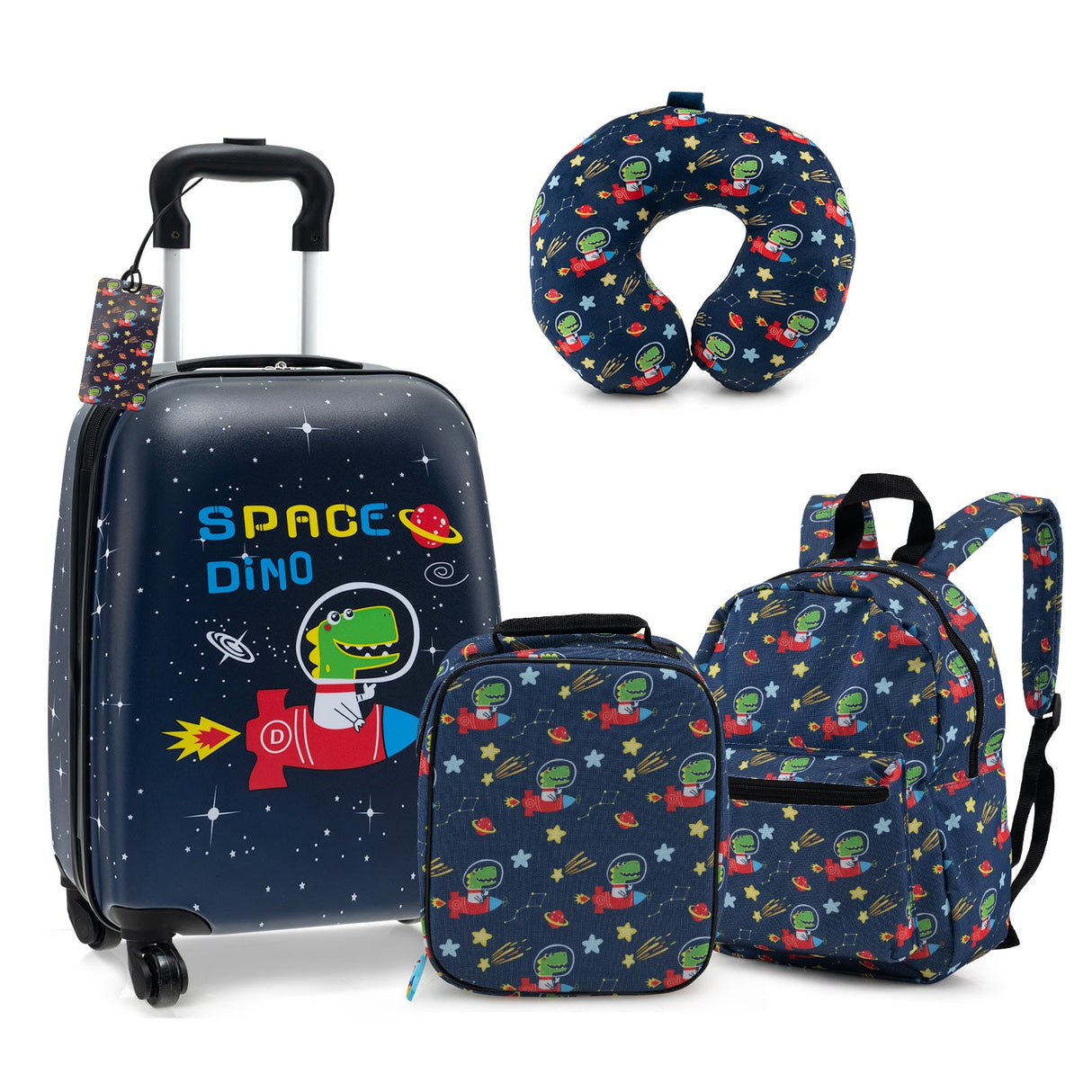Juego de equipaje de 5 piezas para niños con mochila, almohada para el cuello, etiqueta de identificación y fiambrera