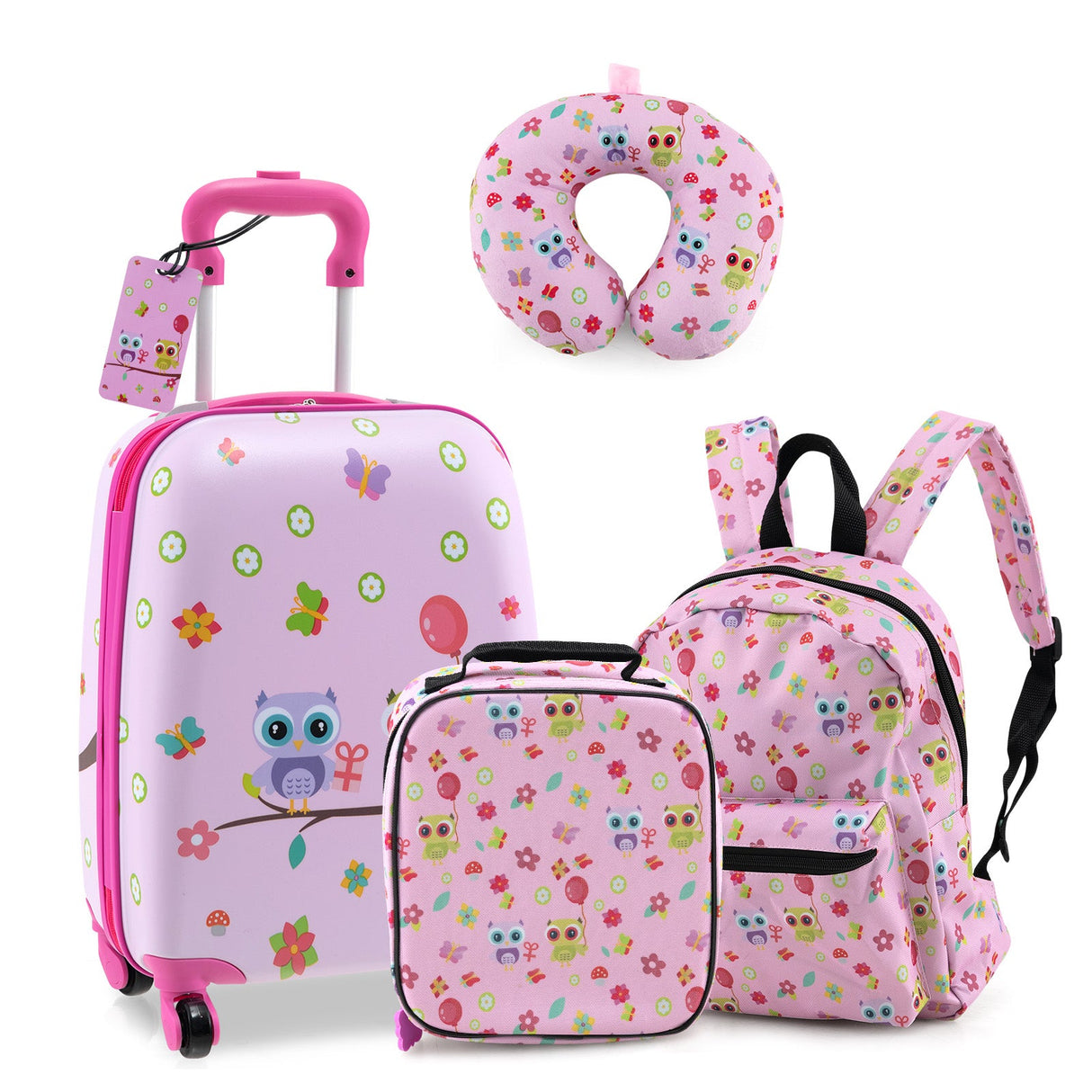 Juego de equipaje de 5 piezas para niños con mochila, almohada para el cuello, etiqueta de identificación y fiambrera