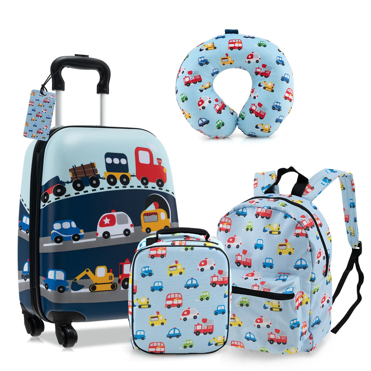 Juego de equipaje de 5 piezas para niños con mochila, almohada para el cuello, etiqueta de identificación y fiambrera
