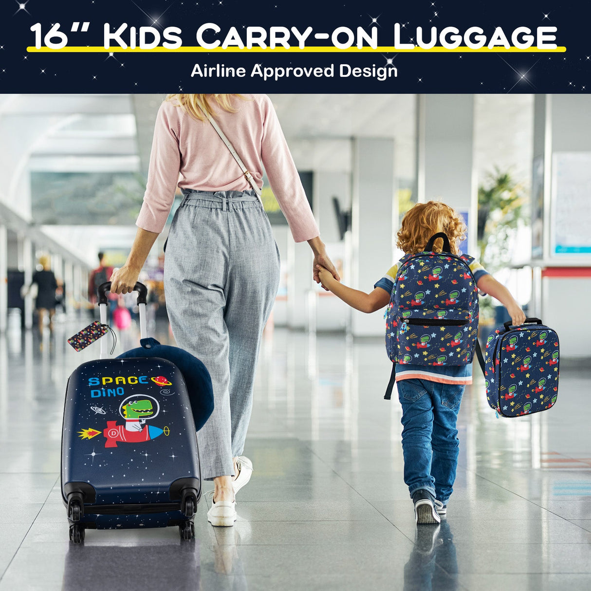 Juego de equipaje de 5 piezas para niños con mochila, almohada para el cuello, etiqueta de identificación y fiambrera