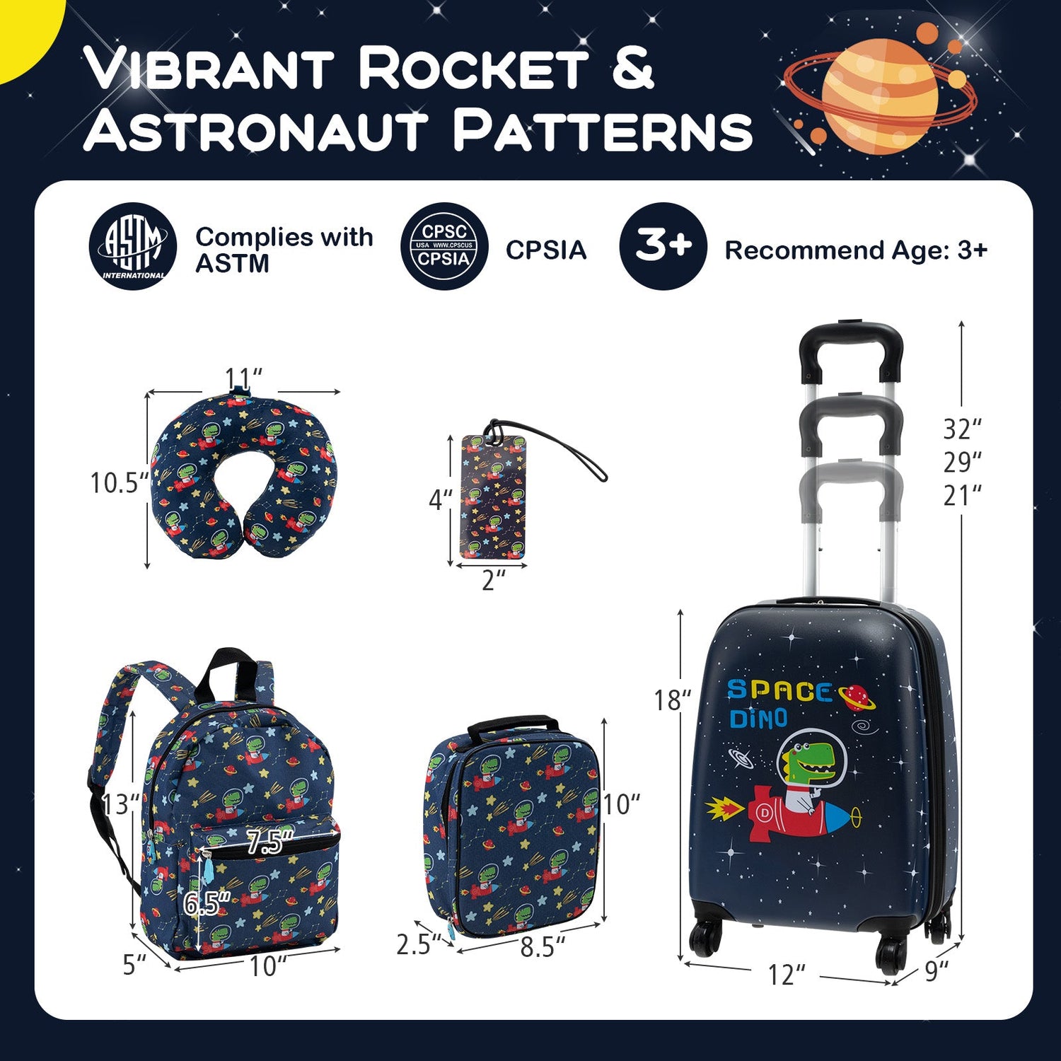 Juego de equipaje de 5 piezas para niños con mochila, almohada para el cuello, etiqueta de identificación y fiambrera