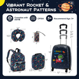Juego de equipaje de 5 piezas para niños con mochila, almohada para el cuello, etiqueta de identificación y fiambrera
