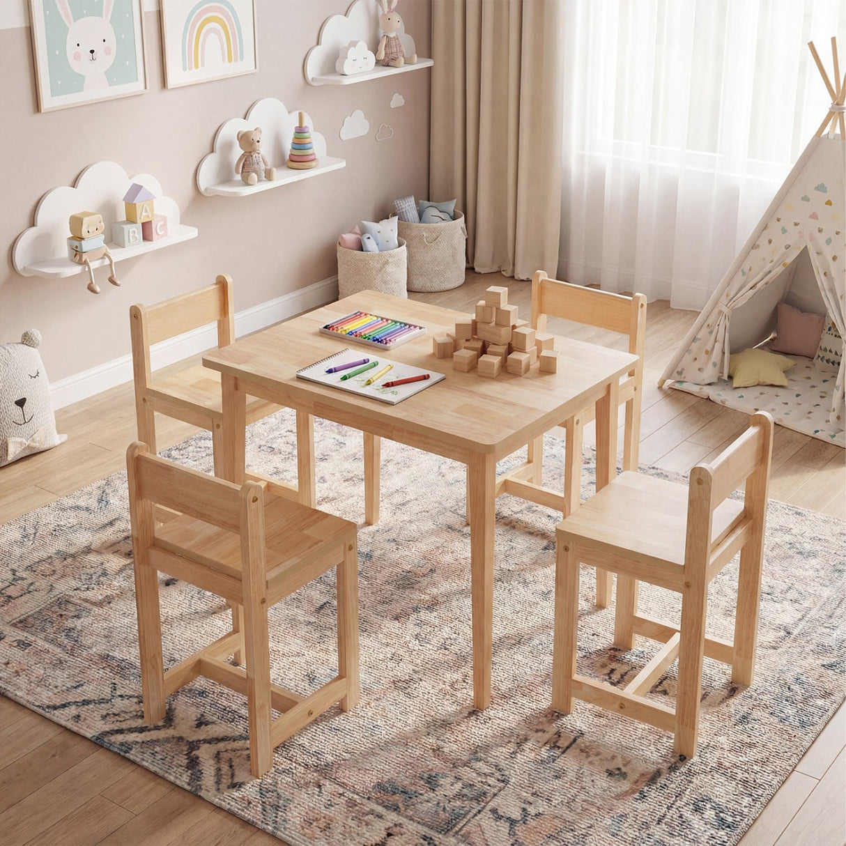 Juego de mesa y sillas de madera maciza de caucho de 5 piezas para niños, mesa de actividades para niños pequeños