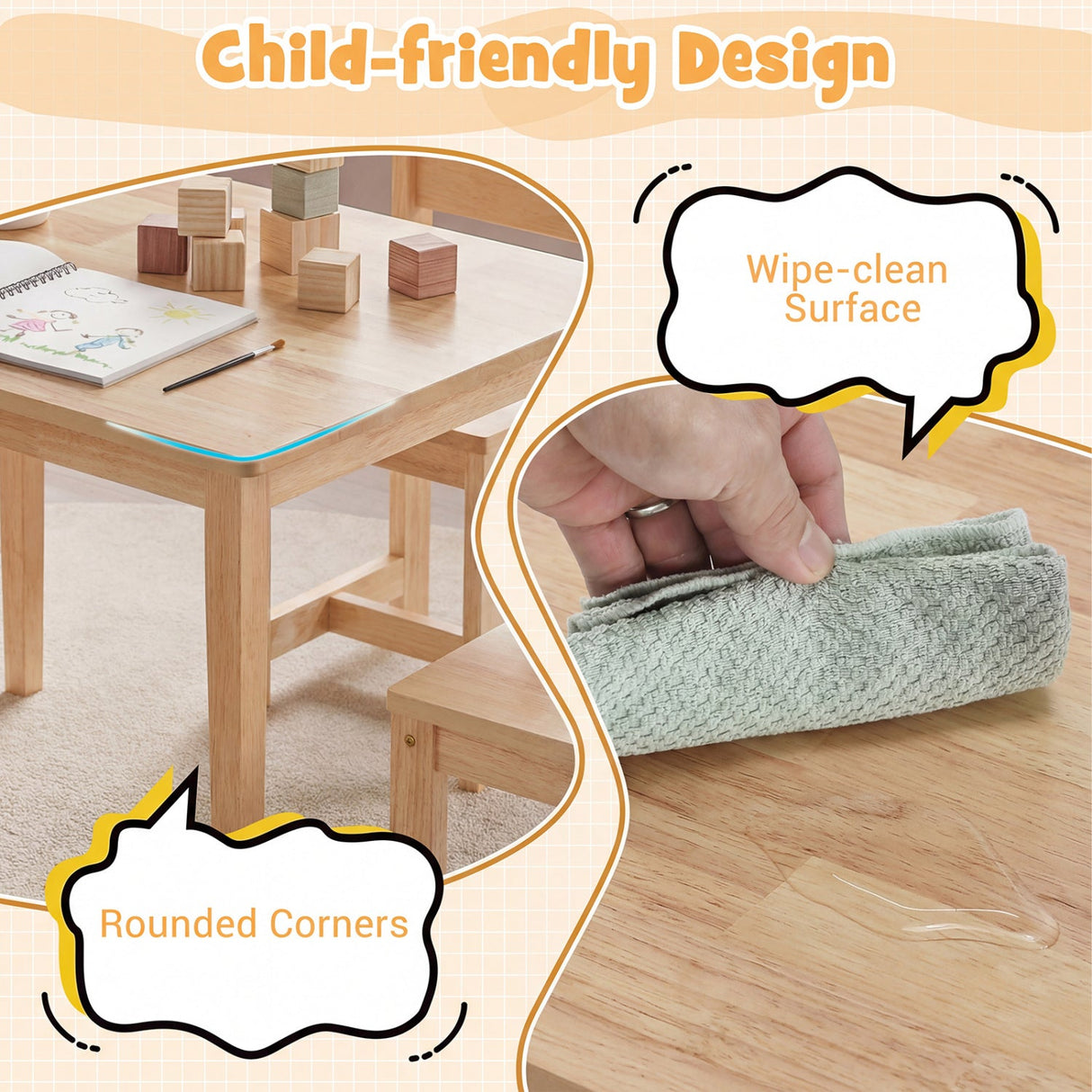 Juego de mesa y sillas de madera maciza de caucho de 5 piezas para niños, mesa de actividades para niños pequeños