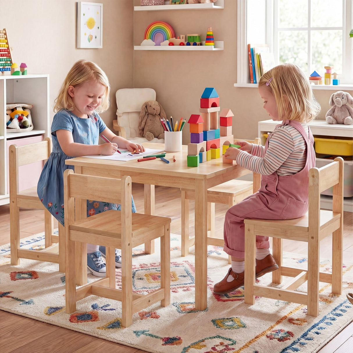 Juego de mesa y sillas de madera maciza de caucho de 5 piezas para niños, mesa de actividades para niños pequeños