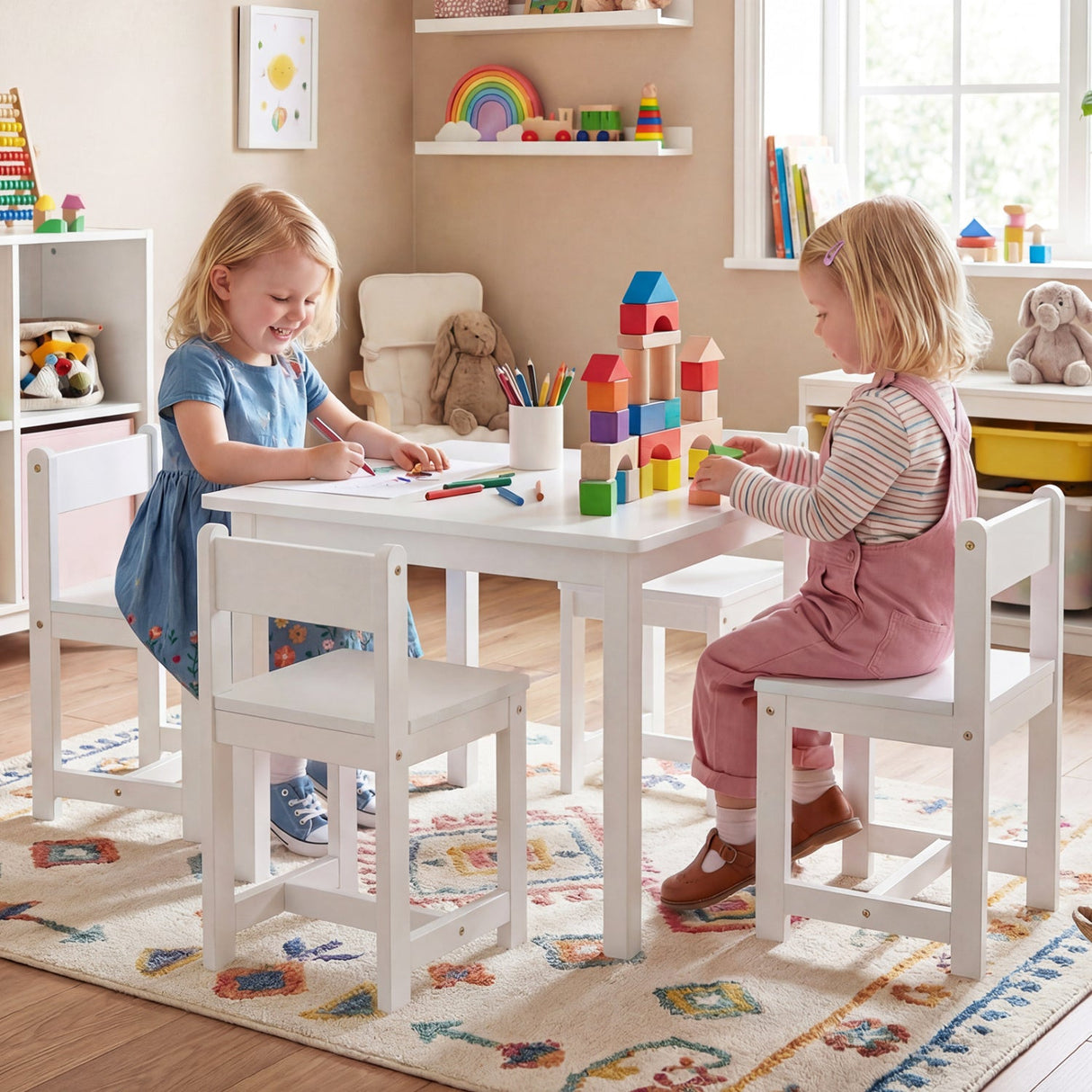 Juego de mesa y sillas de madera maciza de caucho de 5 piezas para niños, mesa de actividades para niños pequeños