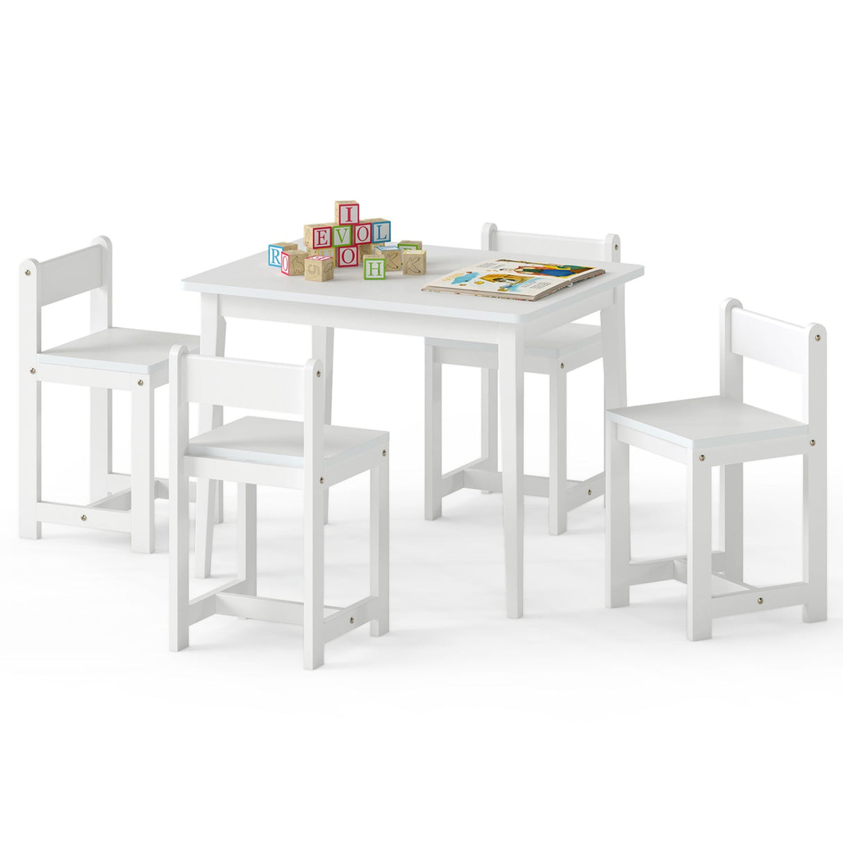 Juego de mesa y sillas de madera maciza de caucho de 5 piezas para niños, mesa de actividades para niños pequeños
