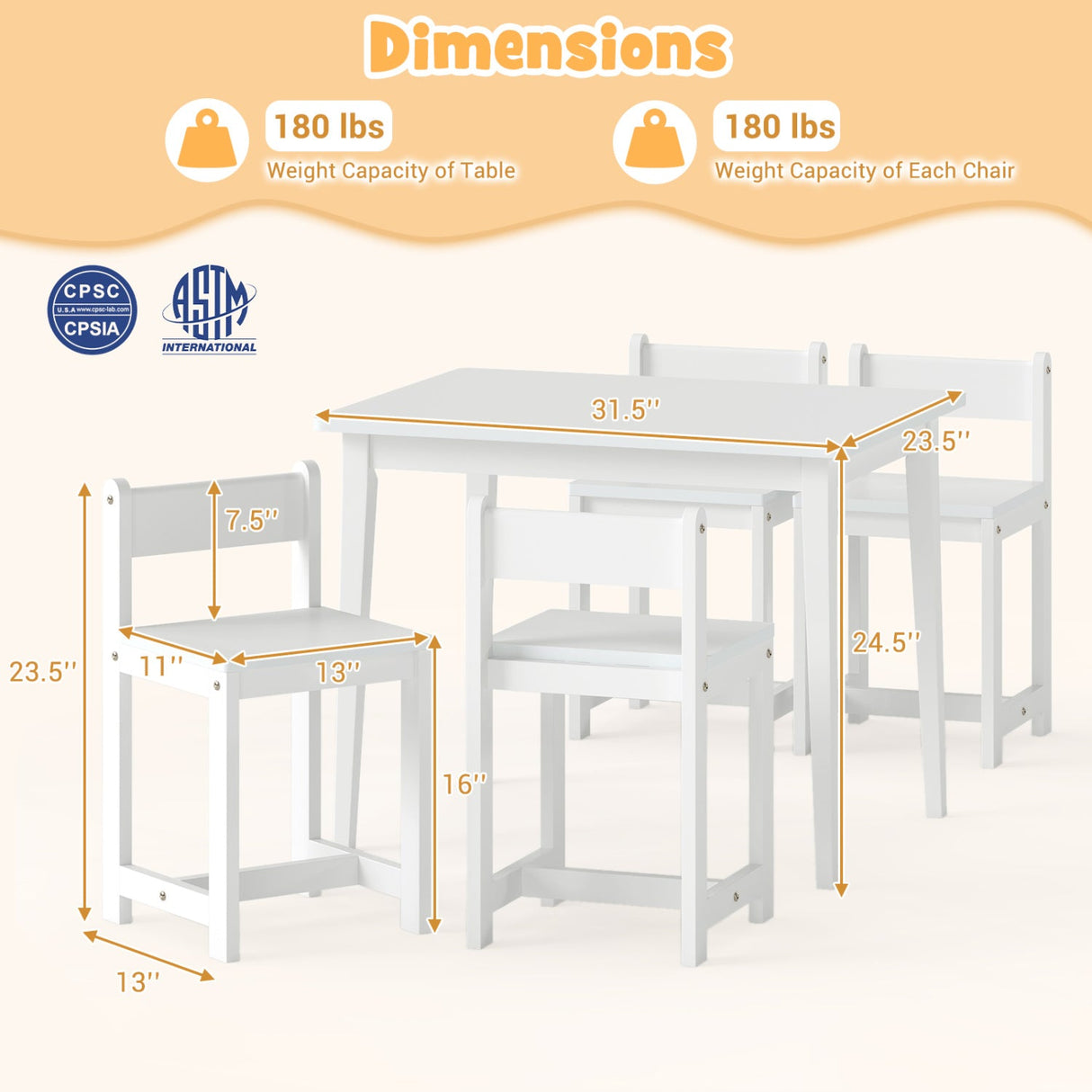 Juego de mesa y sillas de madera maciza de caucho de 5 piezas para niños, mesa de actividades para niños pequeños