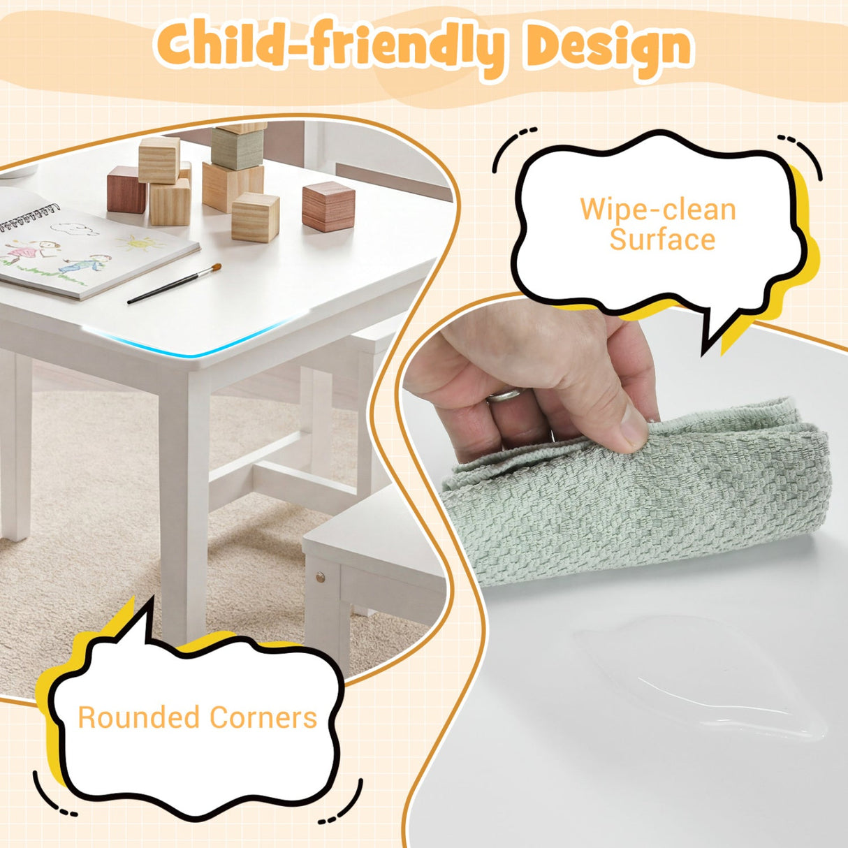 Juego de mesa y sillas de madera maciza de caucho de 5 piezas para niños, mesa de actividades para niños pequeños