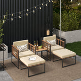 Juego de muebles de exterior de 5 piezas con sillas de madera de acacia, otomanas y mesa de centro - Beige