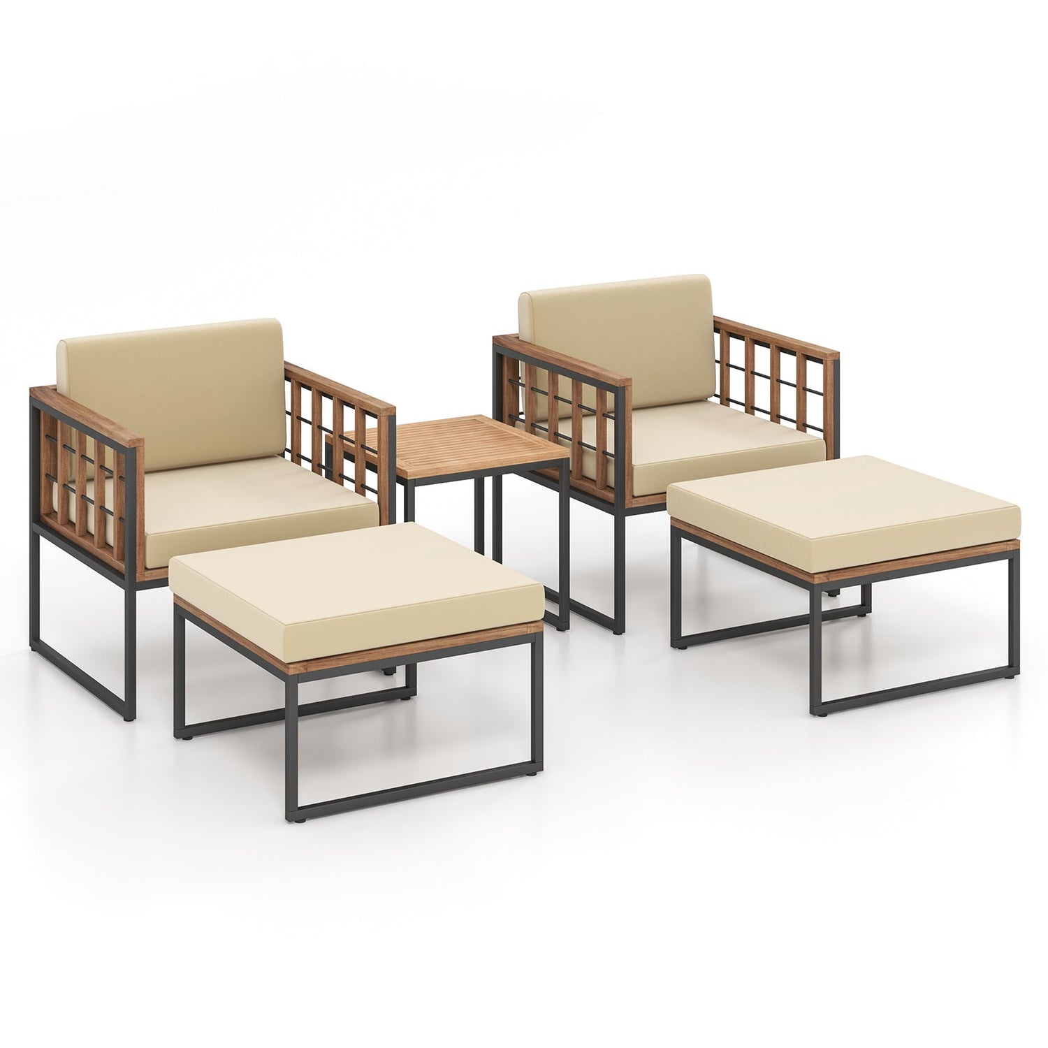 Juego de muebles de exterior de 5 piezas con sillas de madera de acacia, otomanas y mesa de centro - Beige