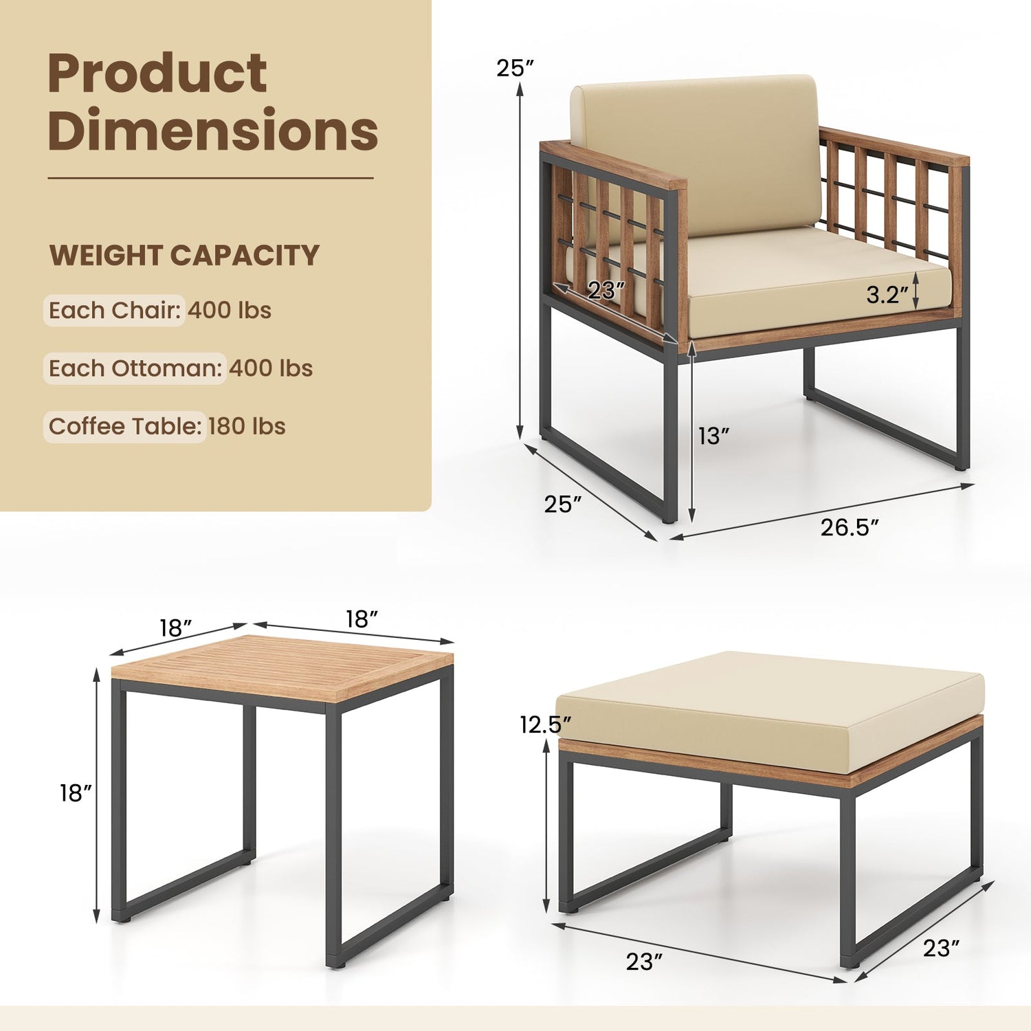 Juego de muebles de exterior de 5 piezas con sillas de madera de acacia, otomanas y mesa de centro - Beige