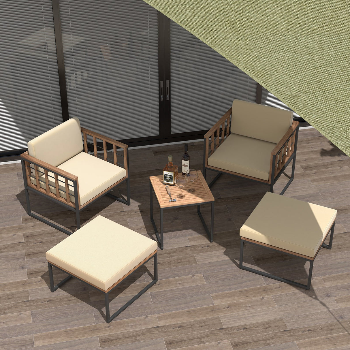 Juego de muebles de exterior de 5 piezas con sillas de madera de acacia, otomanas y mesa de centro - Beige