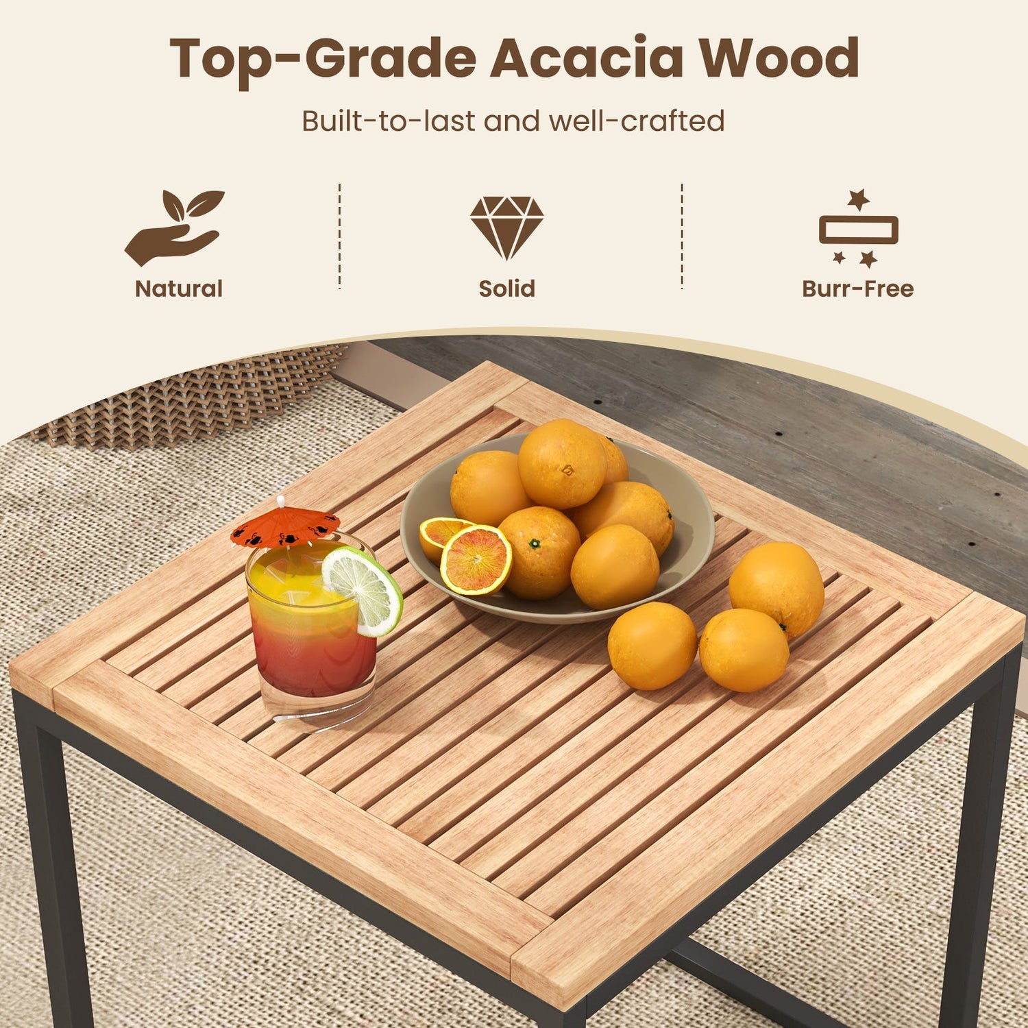 Juego de muebles de exterior de 5 piezas con sillas de madera de acacia, otomanas y mesa de centro - Beige