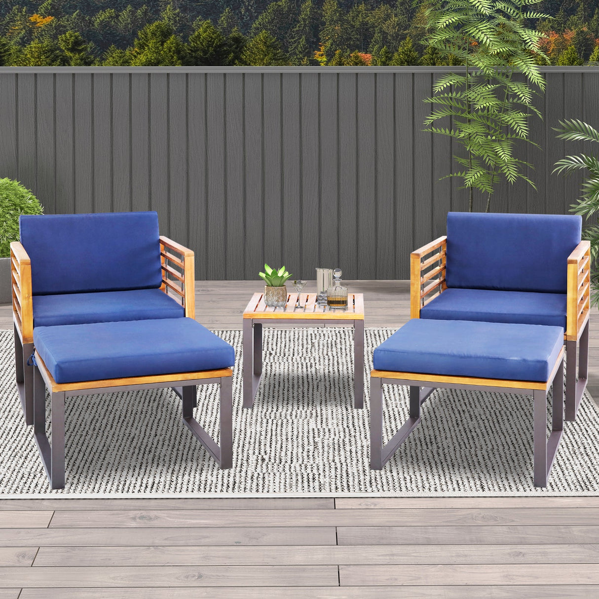 Juego de 5 piezas de silla de patio de madera de acacia con otomanas y mesa de centro - Azul marino