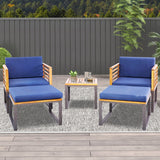 Juego de 5 piezas de silla de patio de madera de acacia con otomanas y mesa de centro - Azul marino