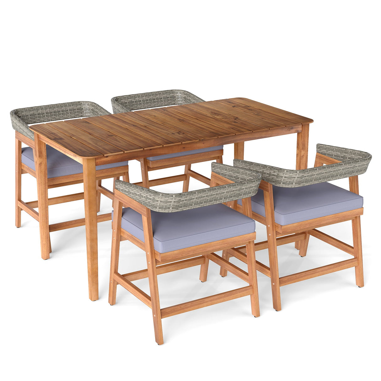 Juego de comedor de patio de 5 piezas de madera maciza con respaldo de ratán y cojines