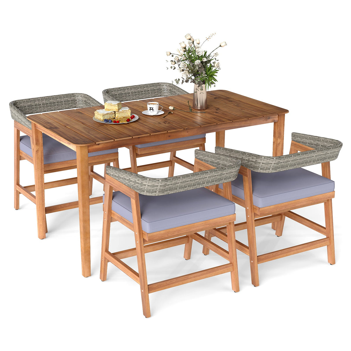 Juego de comedor de patio de 5 piezas de madera maciza con respaldo de ratán y cojines