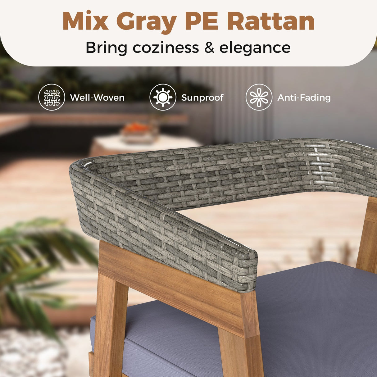 Juego de comedor de patio de 5 piezas de madera maciza con respaldo de ratán y cojines