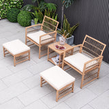 Juego de sofá de mimbre para patio de 5 piezas con cojines de asiento y respaldo - Natural