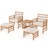 Juego de sofá de mimbre para patio de 5 piezas con cojines de asiento y respaldo - Natural