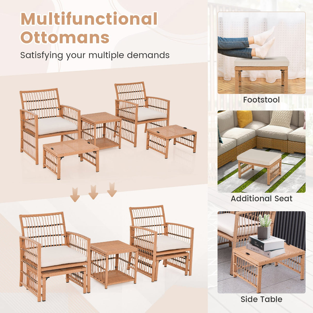 Juego de sofá de mimbre para patio de 5 piezas con cojines de asiento y respaldo - Natural