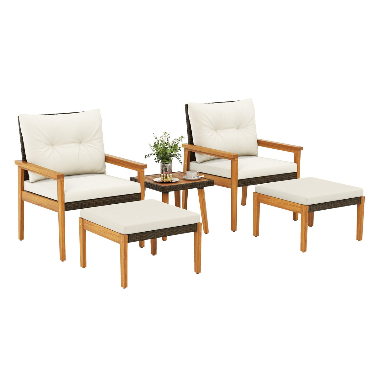 Juego de Muebles de Ratan de 5 Piezas con Mesa de Centro Cuadrada-Blanco