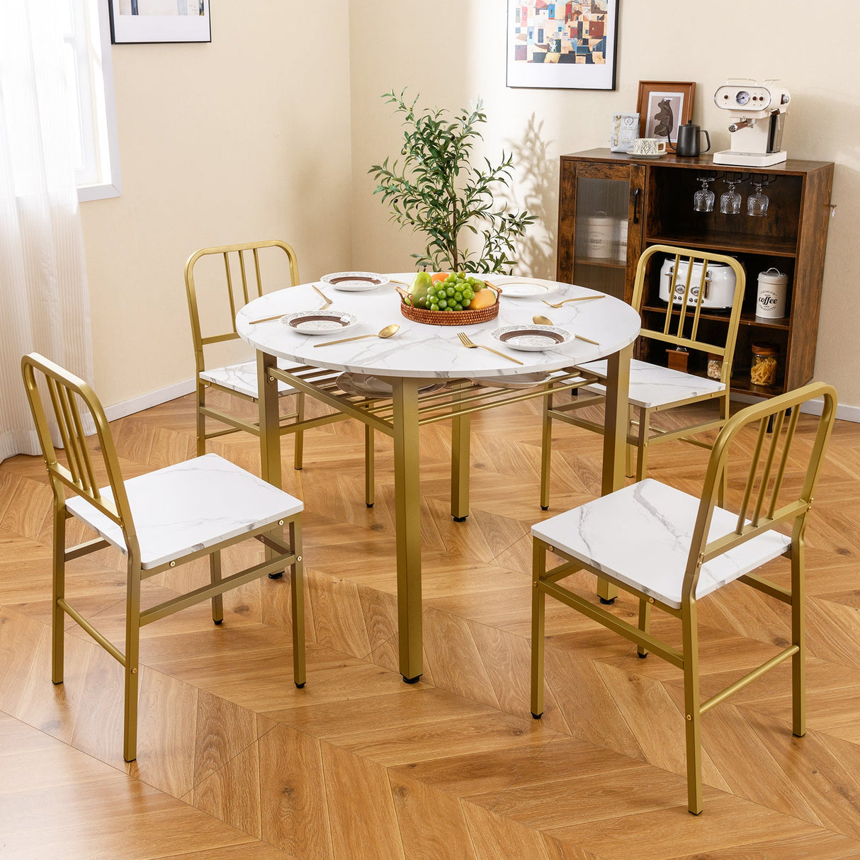 Juego de mesa de comedor redonda de 5 piezas con estante de almacenamiento para comedor