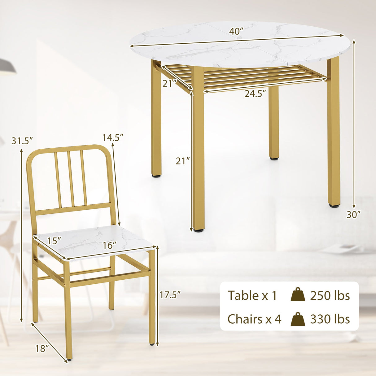 Juego de mesa de comedor redonda de 5 piezas con estante de almacenamiento para comedor