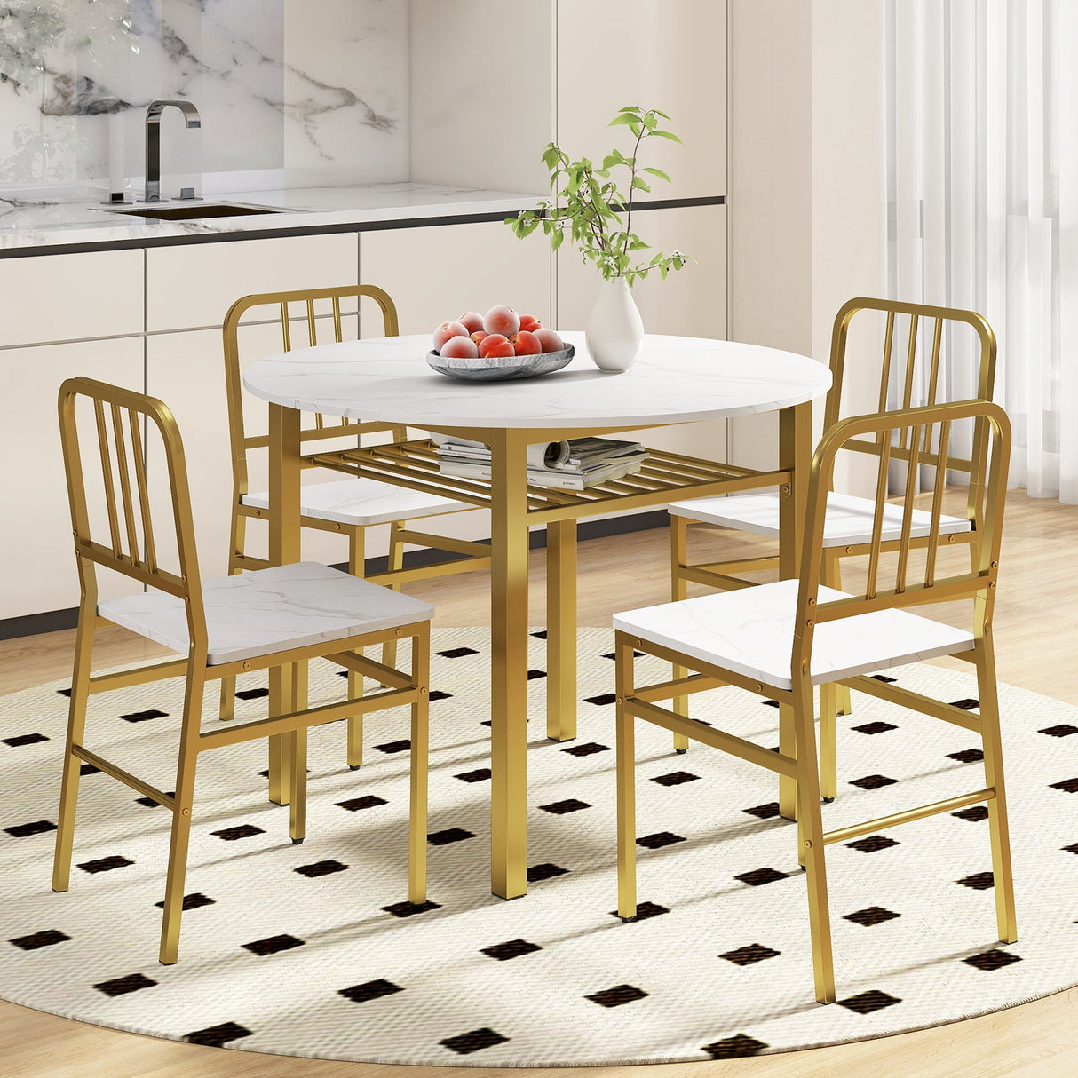 Juego de mesa de comedor redonda de 5 piezas con estante de almacenamiento para comedor