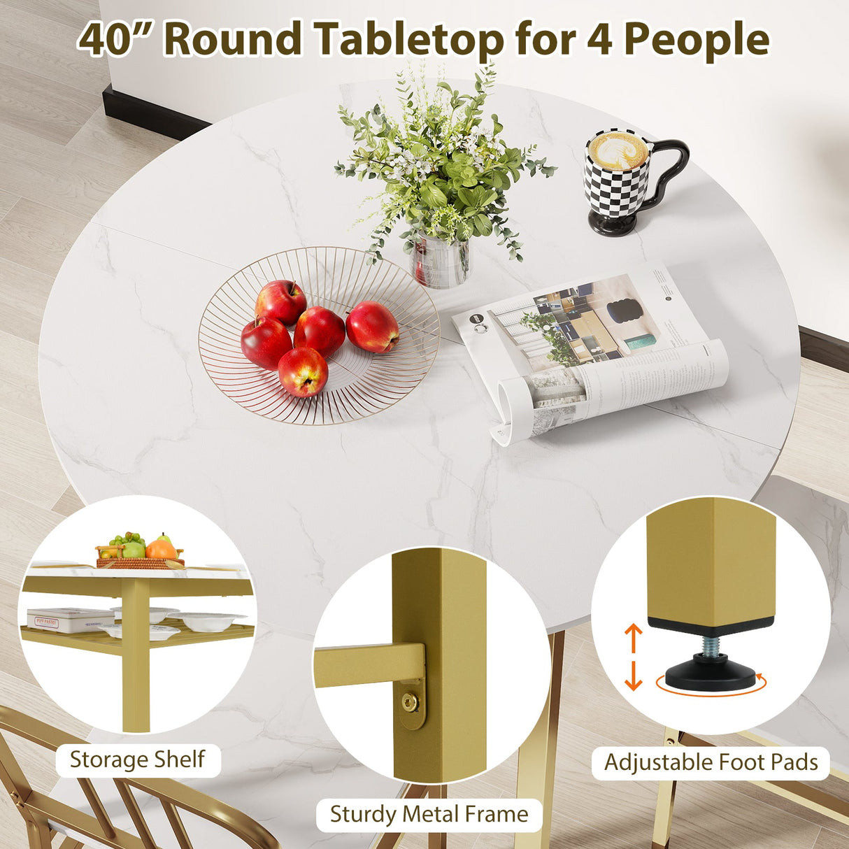 Juego de mesa de comedor redonda de 5 piezas con estante de almacenamiento para comedor