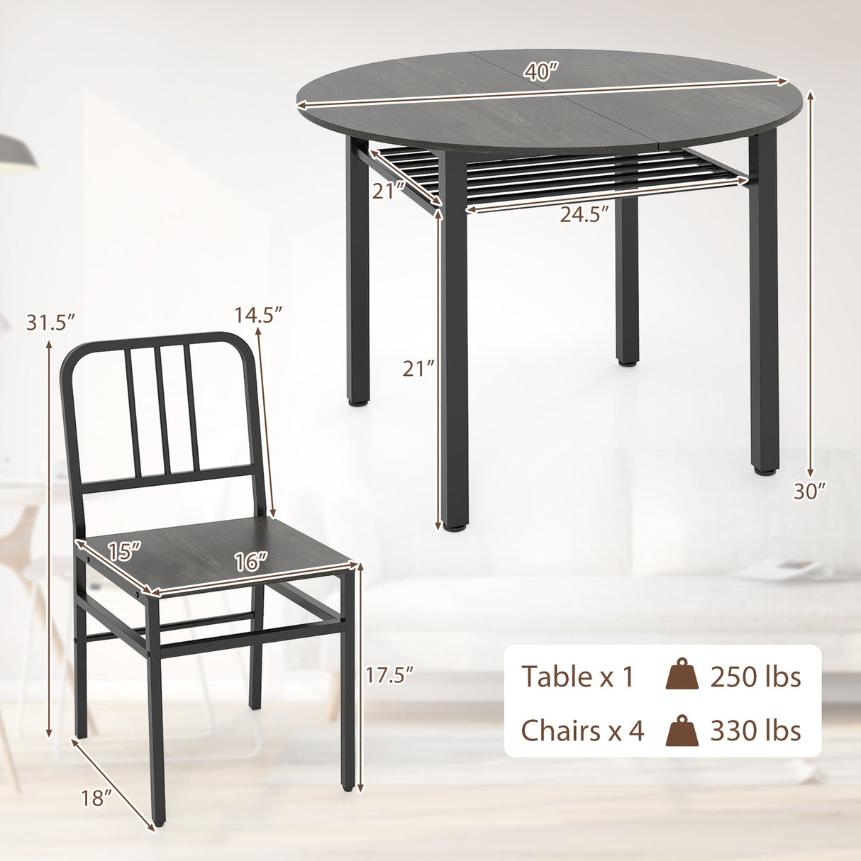 Juego de mesa de comedor redonda de 5 piezas con estante de almacenamiento para comedor