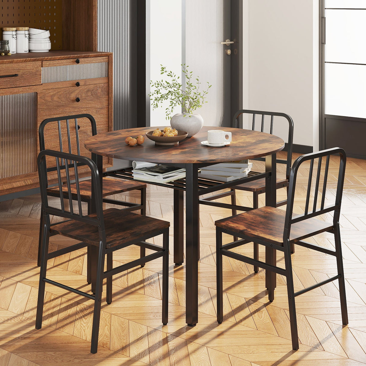 Juego de mesa de comedor redonda de 5 piezas con estante de almacenamiento para comedor