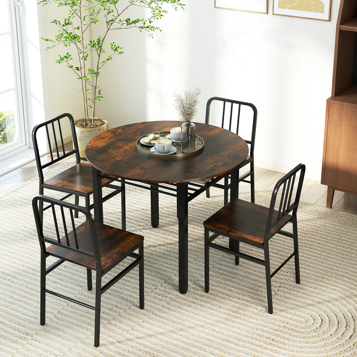 Juego de mesa de comedor redonda de 5 piezas con estante de almacenamiento para comedor