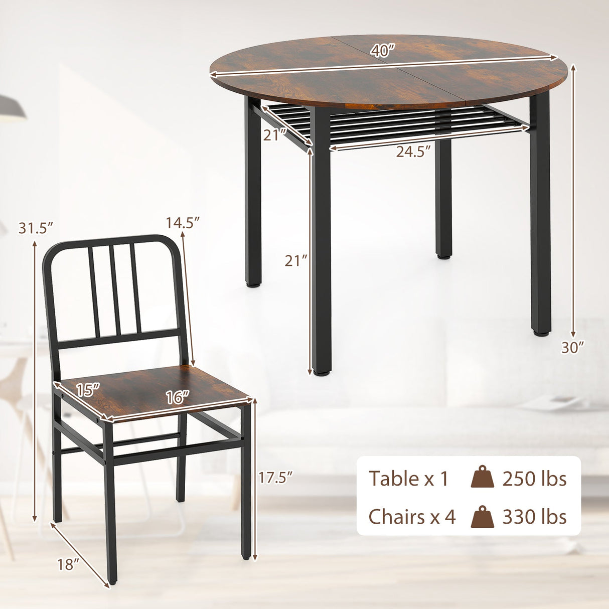 Juego de mesa de comedor redonda de 5 piezas con estante de almacenamiento para comedor