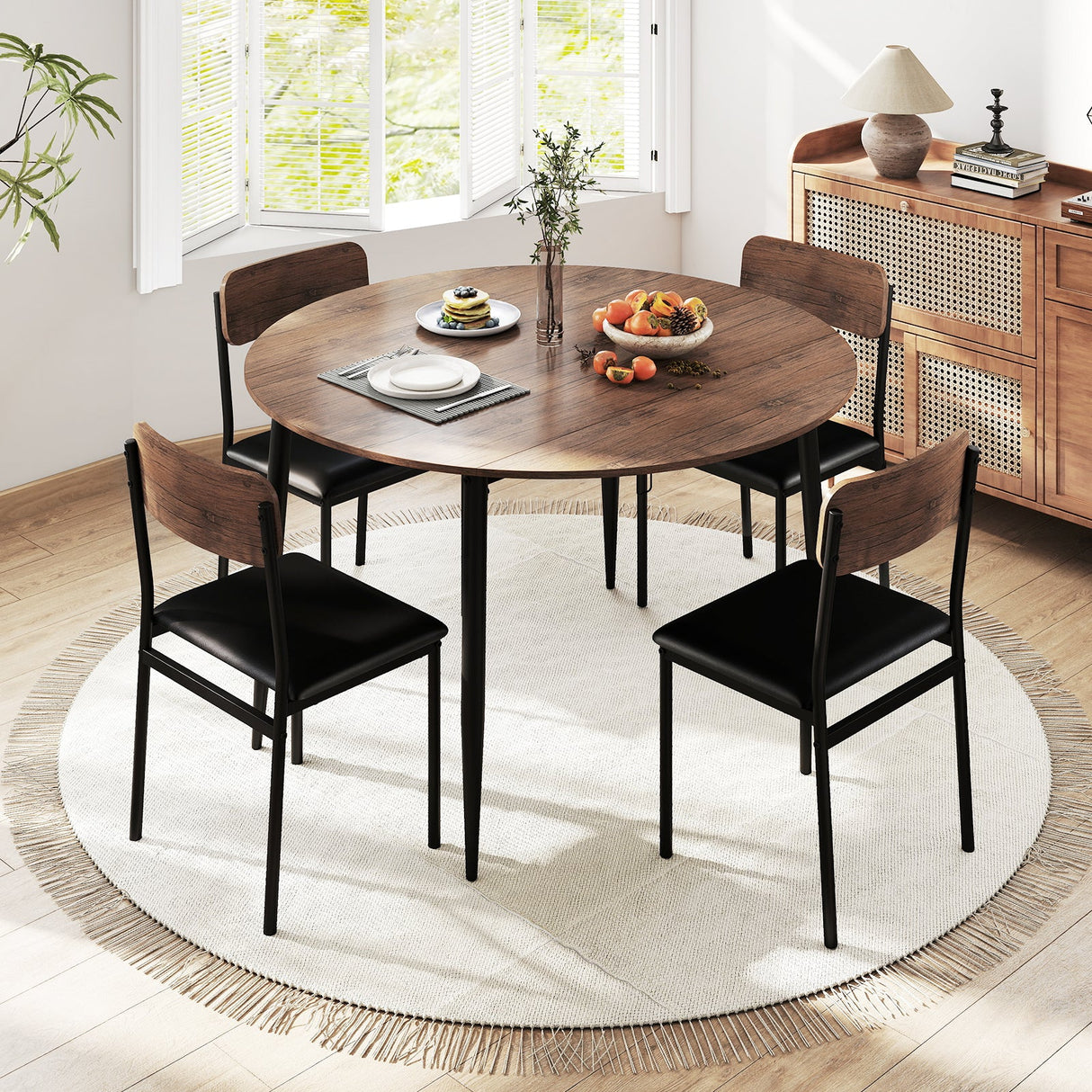 Juego de mesa de cocina redondo de 5 piezas con tablero abatible y 4 sillas de comedor tapizadas - Marrón