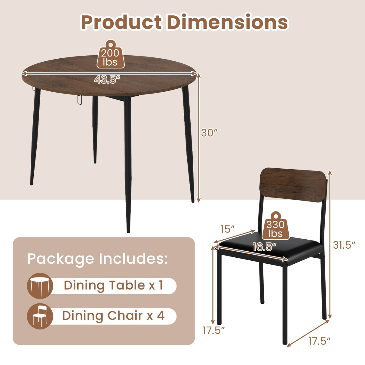 Juego de mesa de cocina redondo de 5 piezas con tablero abatible y 4 sillas de comedor tapizadas - Marrón